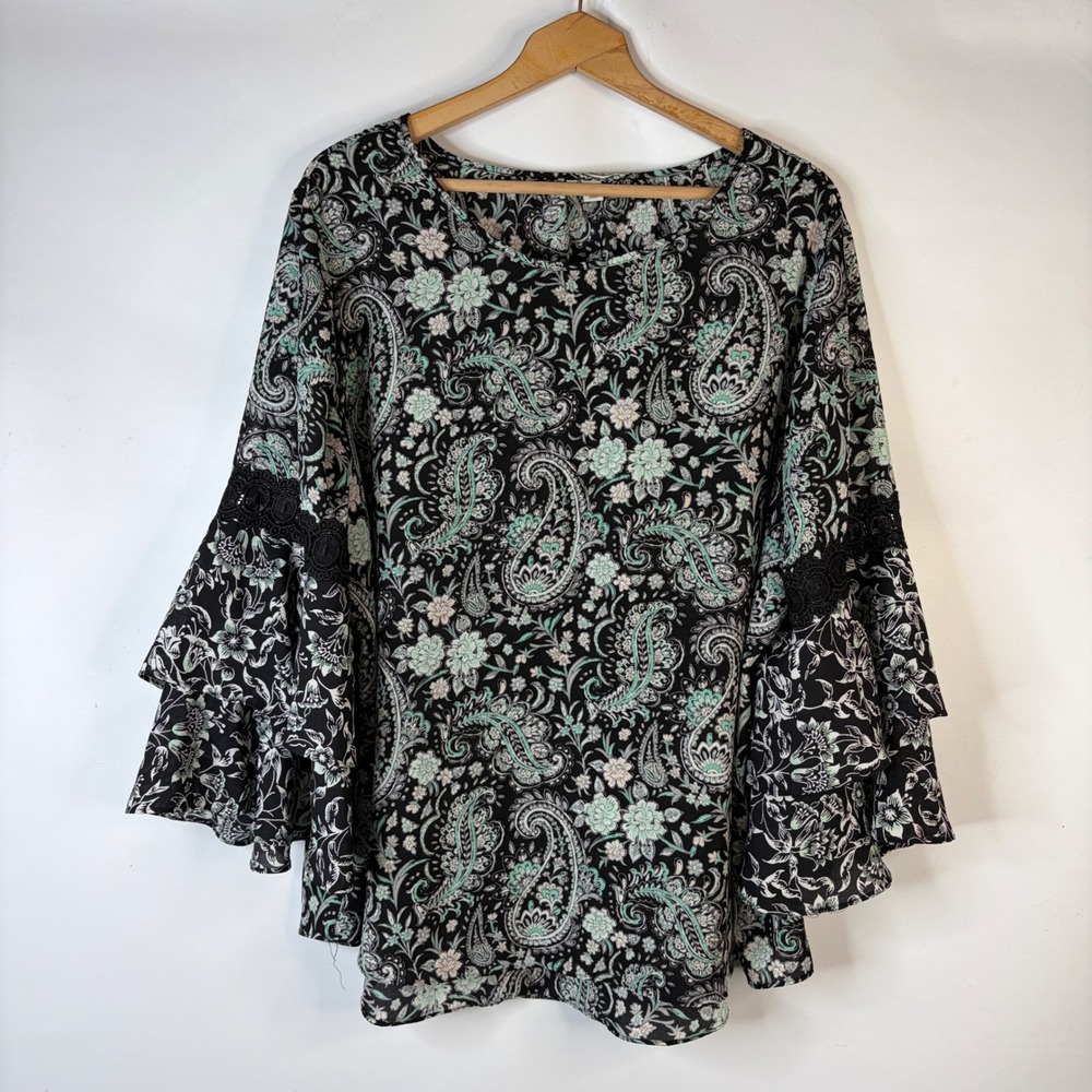 Cato Est. 1946 Blouse Women 22/24W Black Paisley Floral Bell Sleeve Crochet Lace